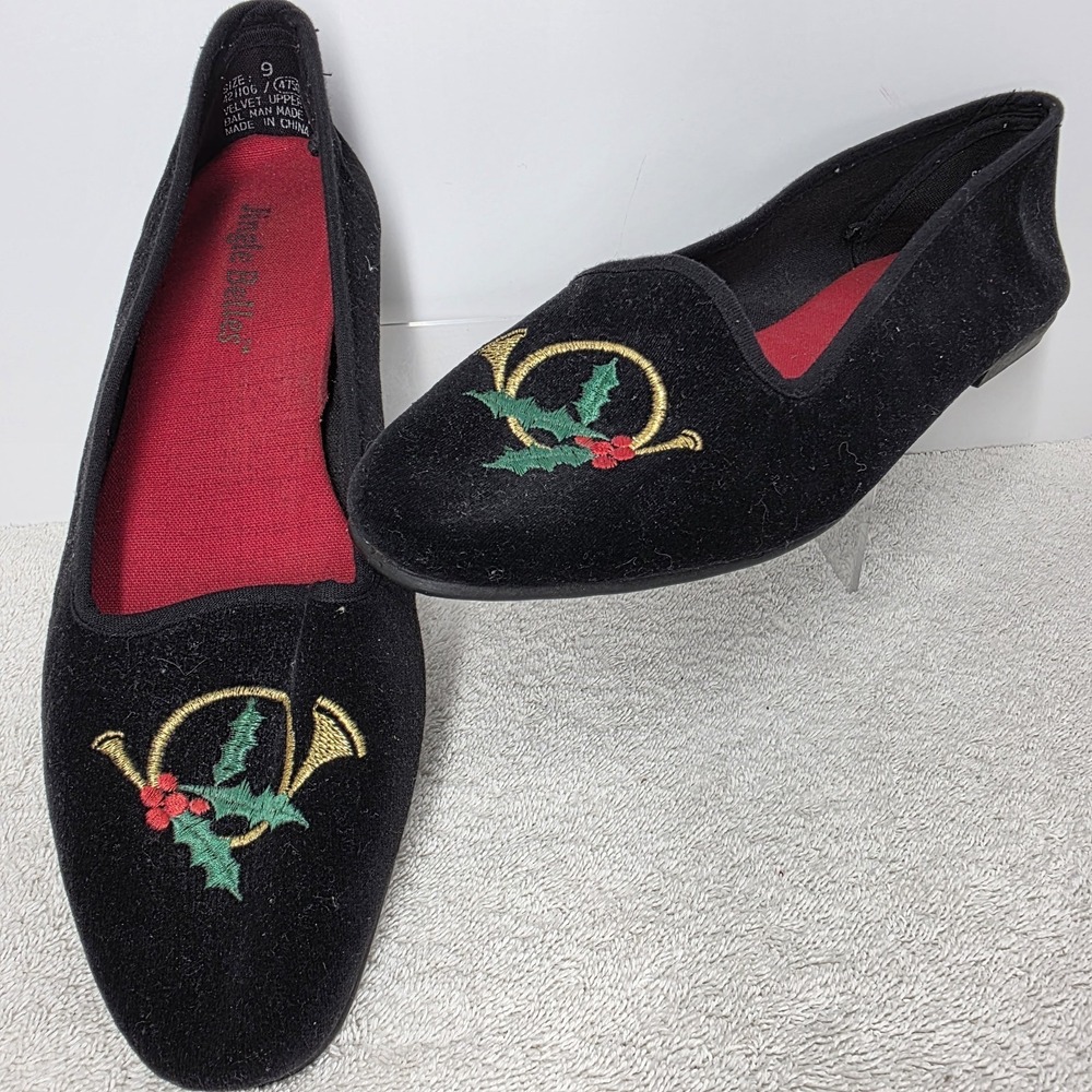 Vintage Christmas Holiday Flats Black Velvet Shoes Jingle Bells Holly SIZE 9